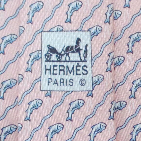 100% REAL HERMES TIE ~ PINK w WHIMSICAL SALMON FISH SWIMMING UPSTREAM WAVES XL - Picture 4 of 4